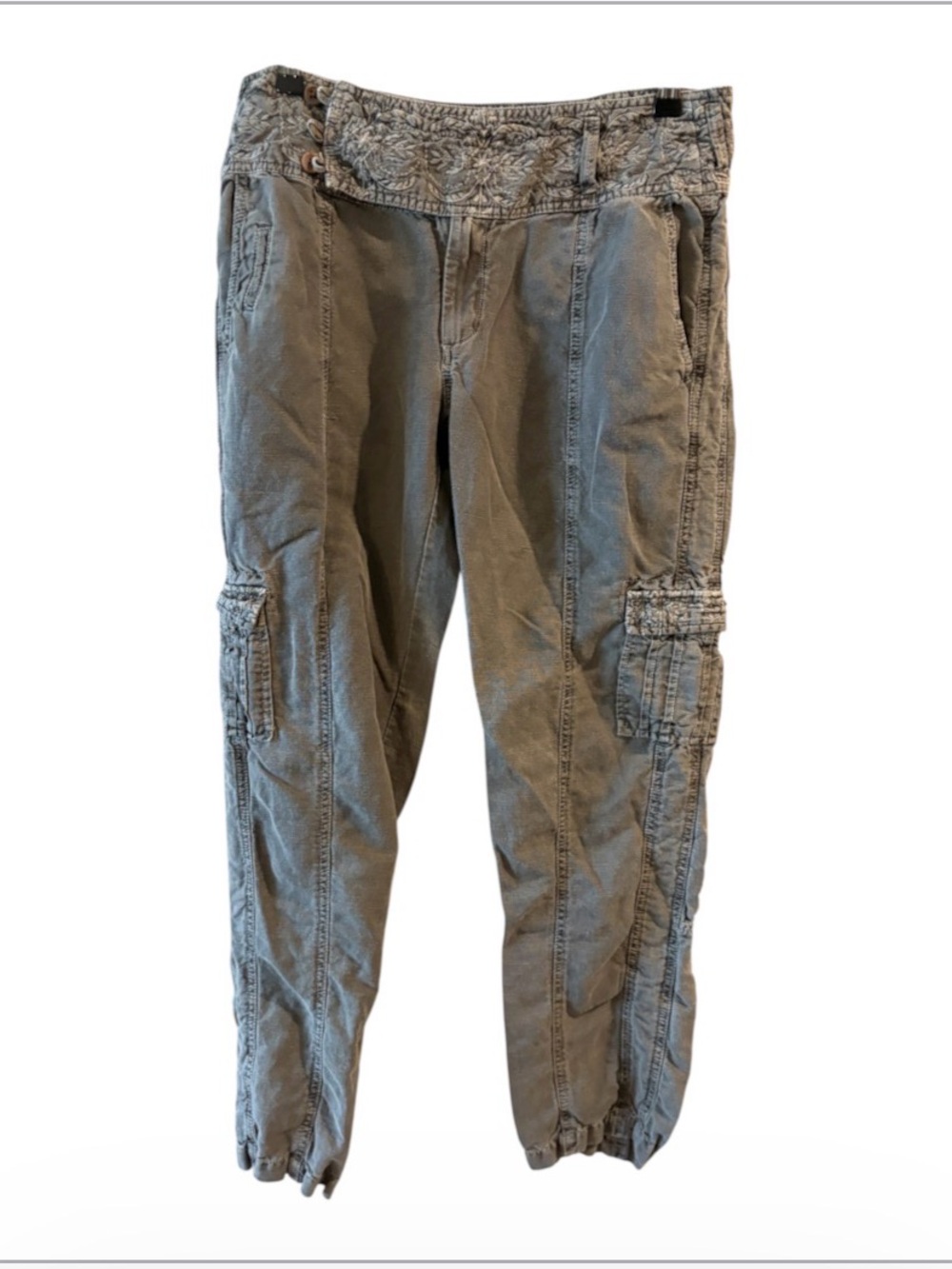 Sundance Pants Womens More Than Cargo Embroidered Green Seamed Linen Boho 10